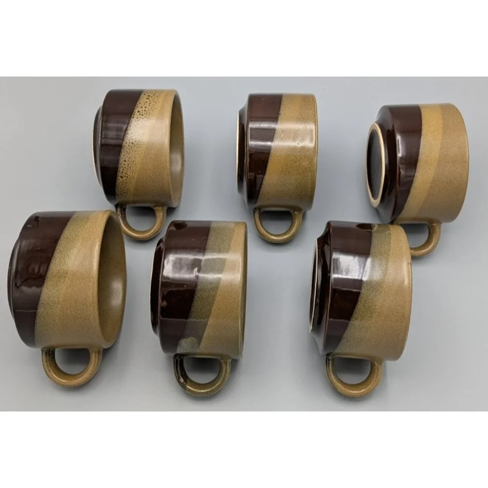 VTG Brown 3 Color Ombre Stoneware Pottery Chili Soup Bowl Mugs w/Handle Set Of 6